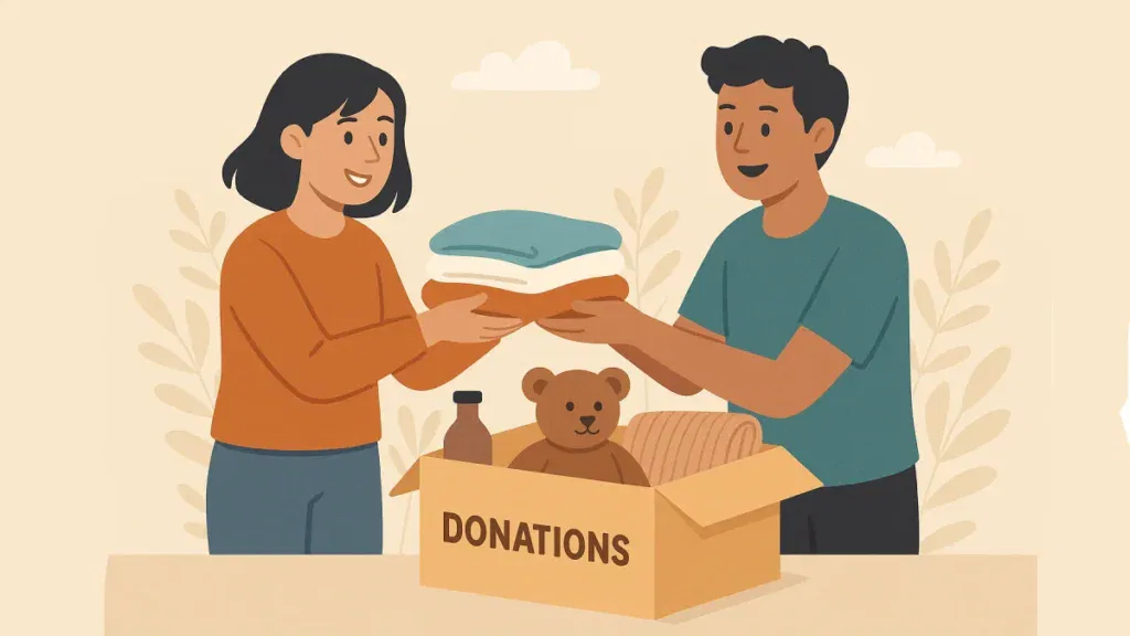 Ilustrasi simbolis dampak positif donasi dengan dua individu yang berbagi bantuan melalui kotak donasi, ditunjukkan melalui interaksi penuh makna tanpa fokus pada detail objek.