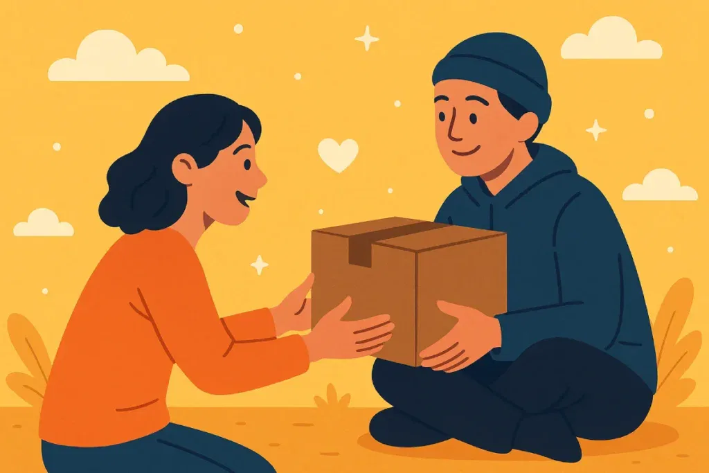 Seorang pria memberikan kotak kepada seorang wanita dengan senyuman hangat, mewakili manfaat berbagi kebaikan dalam hubungan sosial.