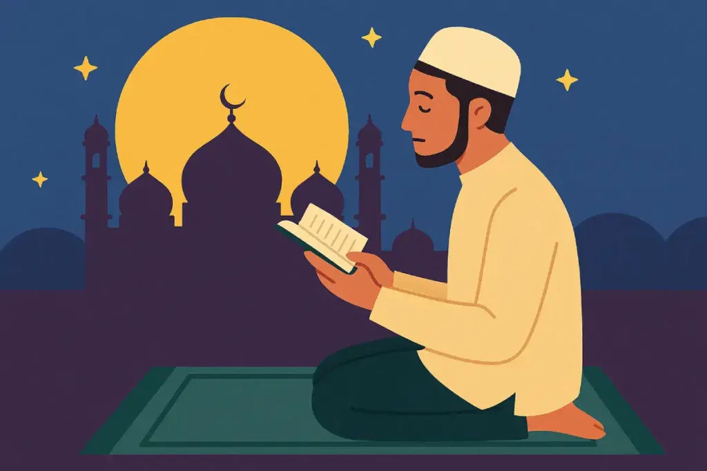 Seorang pria sedang membaca Al-Quran di malam hari dengan latar bulan purnama dan siluet masjid, menggambarkan amalan di awal bulan Rabiul Awal.