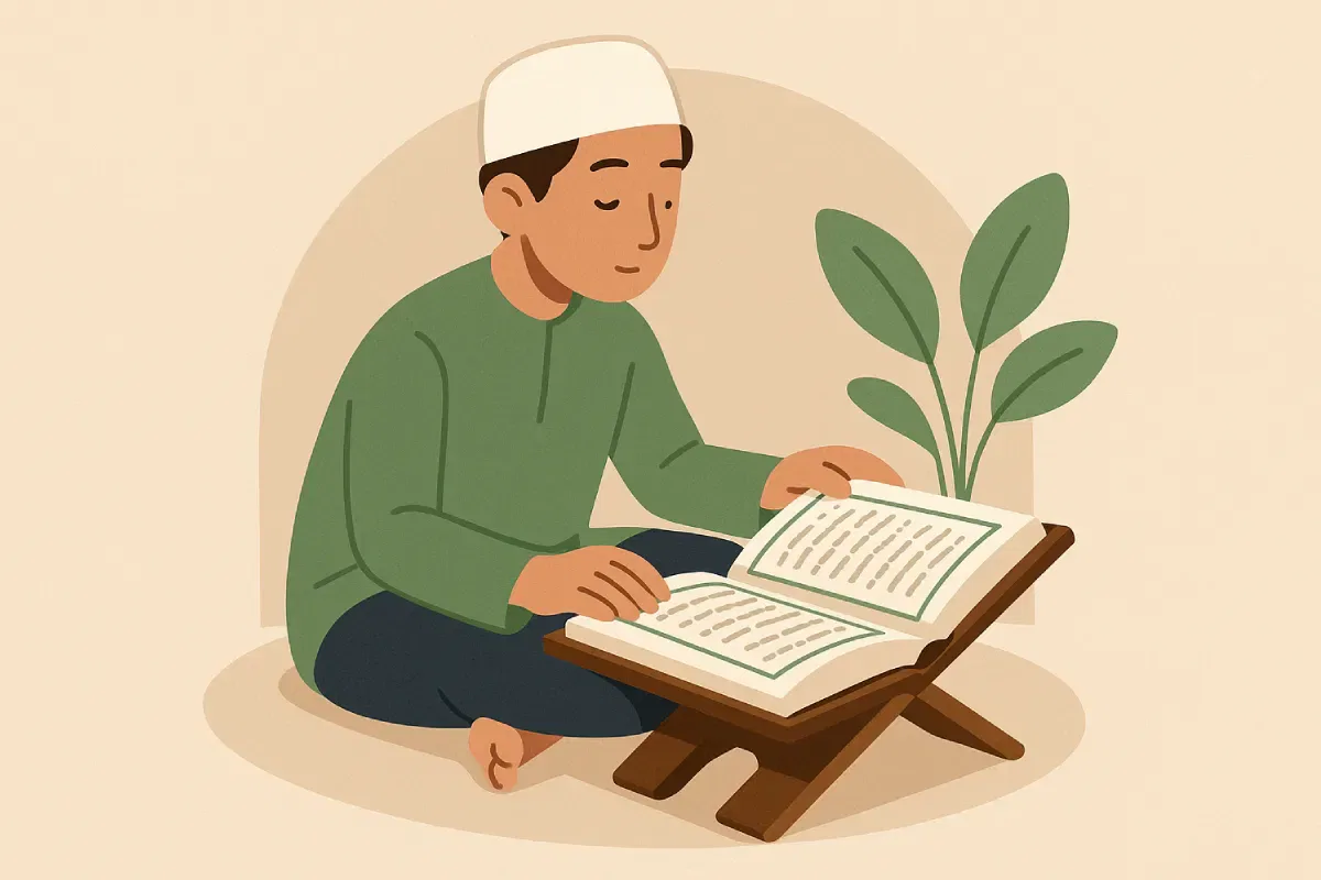 Seorang pria duduk tenang di masjid sambil membaca Alquran pada pagi hari Jumat menunjukkan ibadah yang penuh ketenangan dan keberkahan