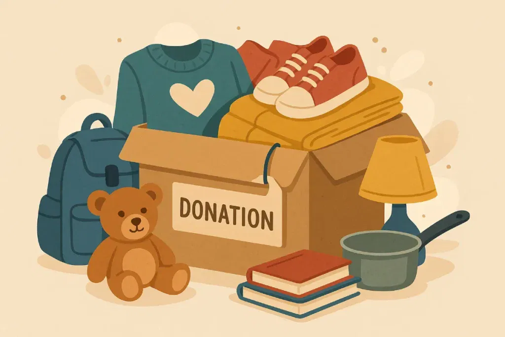Sebuah kotak donasi penuh dengan barang-barang bekas seperti baju, sepatu, boneka, dan buku, menunjukkan cara sederhana untuk melakukan donasi barang bekas.