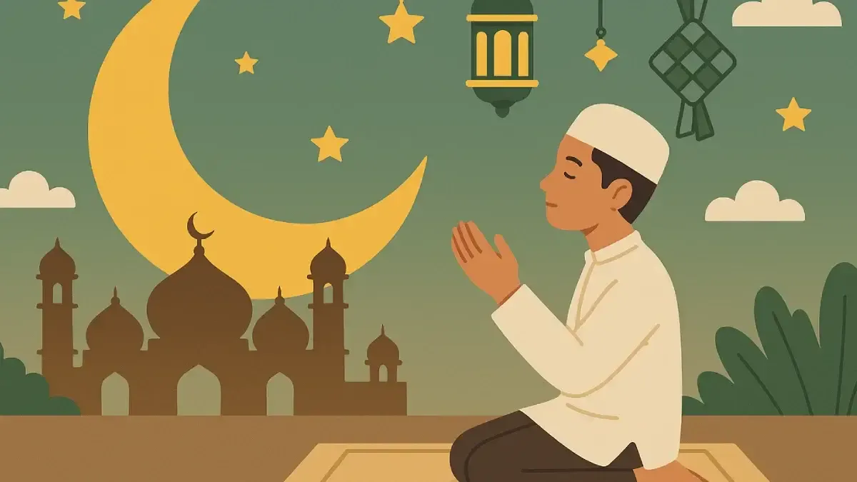 Seorang pria berbusana putih duduk di tikar sajadah dengan tangan terangkat dalam posisi doa, latar belakangnya adalah bulan sabit, bintang, lampu sengkang, dan siluet masjid, melambangkan amalan tahun baru Islam .