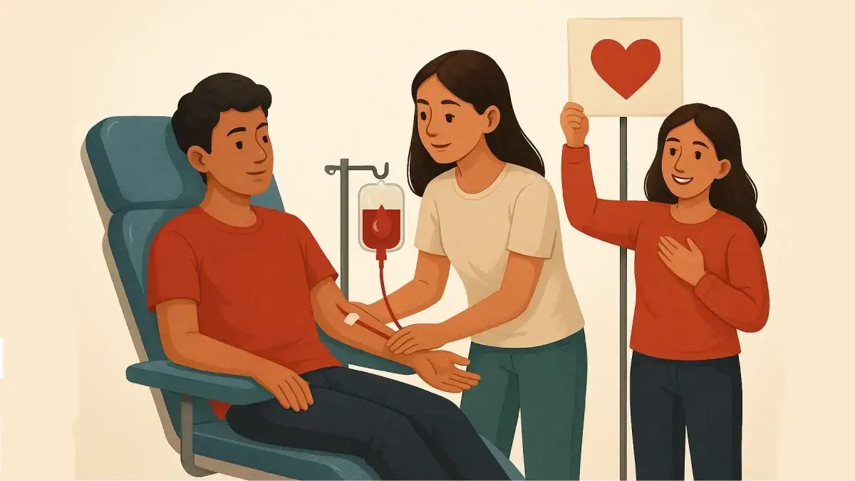 Ilustrasi berbagi kebaikan dengan donor darah, menunjukkan seseorang memberikan darah dengan ekspresi tulus, mencerminkan kepedulian nyata terhadap sesama.