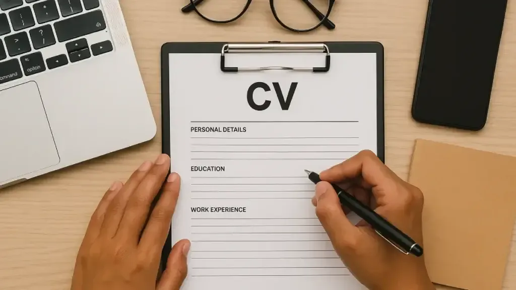Ilustrasi proses Cara Membuat CV Lamaran Kerja dengan tangan yang menulis di formulir CV, dikelilingi alat kerja seperti laptop dan ponsel, melambangkan persiapan profesional untuk pencarian pekerjaan.