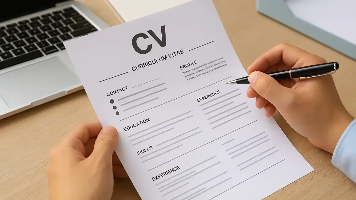 Ilustrasi proses Cara Membuat CV Lamaran Kerja dengan tangan yang menulis di lembar CV berisi kolom kontak, profil, pendidikan, keterampilan, dan pengalaman kerja, dikelilingi laptop sebagai alat bantu digital.
