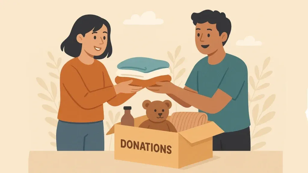 Ilustrasi simbolis dampak positif donasi dengan dua individu yang berbagi bantuan melalui kotak donasi, ditunjukkan melalui interaksi penuh makna tanpa fokus pada detail objek.