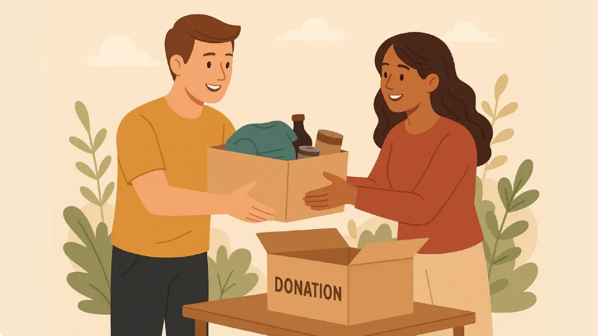 Ilustrasi simbolis dampak positif donasi dengan dua individu yang saling berbagi bantuan melalui kotak donasi, ditunjukkan melalui interaksi penuh makna yang mencerminkan kebersamaan dan empati.