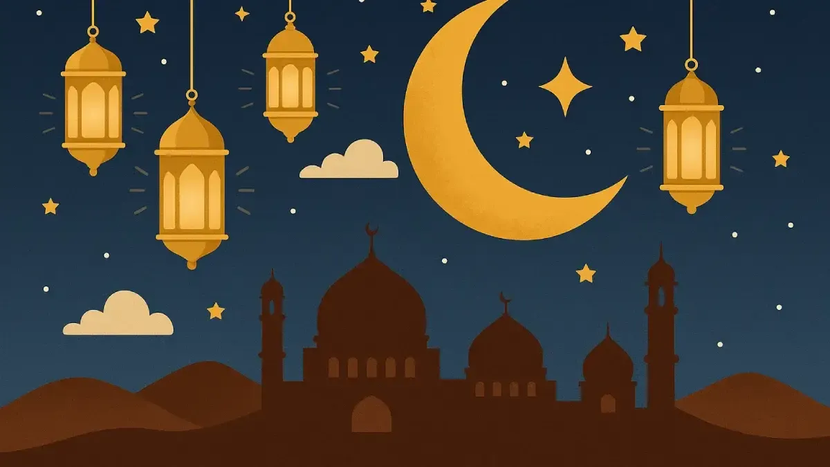 Ilustrasi simbolis amalan tahun baru Islam dengan latar langit malam yang diterangi bulan sabit, lampu sengkang, dan bintang, dihiasi siluet masjid yang megah.