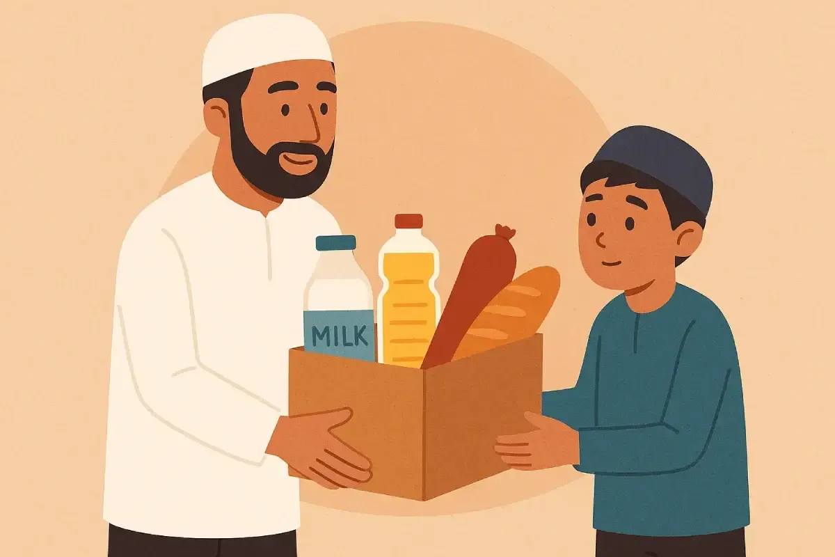 Ilustrasi manfaat santunan anak yatim yang menunjukkan pemberian bantuan berupa makanan dan kebutuhan sehari-hari untuk mendukung kesejahteraan anak.