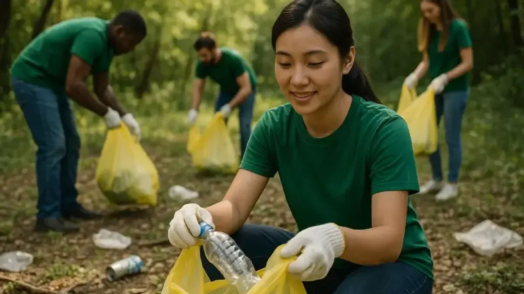 Sekelompok relawan lingkungan membersihkan hutan dengan memungut sampah plastik ke dalam kantong kuning, dipimpin oleh seorang perempuan yang tersenyum sambil memasukkan botol air ke kantong.