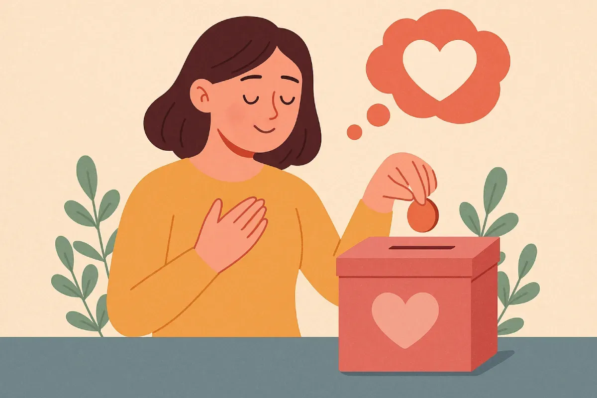 Dampak donasi terhadap psikologis dengan dua tangan saling memberi, satu penuh empati dan satu penuh harapan, dilatarbelakangi cahaya hangat yang melambangkan ketenangan batin.