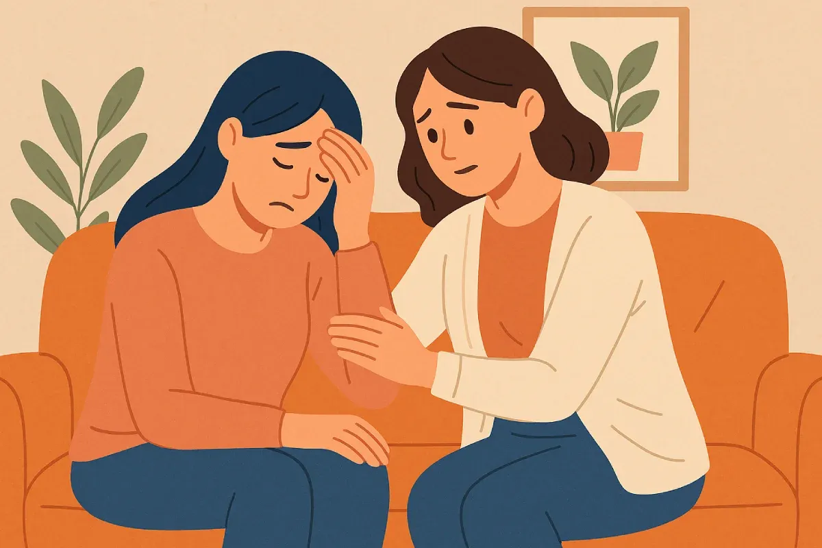 Seorang wanita menenangkan temannya yang tampak sedih, dengan sentuhan tangan penuh kehangatan dan perhatian.