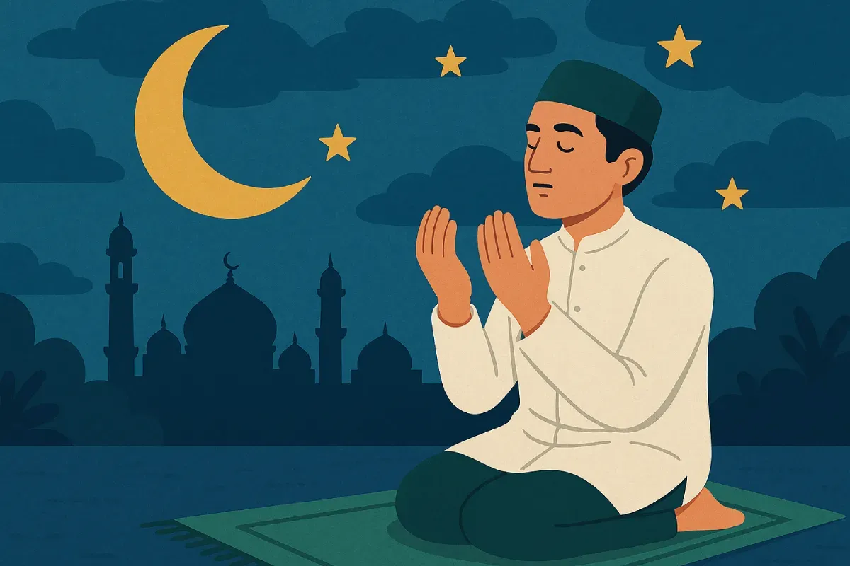 Doa Rabu Wekasan Bulan Safar dengan suasana malam yang tenang, Al-Qur’an terbuka, dan tangan terangkat dalam doa, menggambarkan ketakwaan dan harapan perlindungan dari Allah SWT.