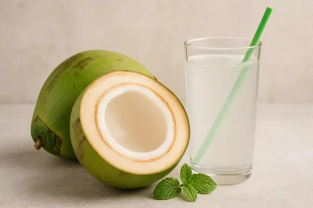 Manfaat air kelapa untuk kesehatan , termasuk hidrasi, elektrolit, dan nutrisi penting.