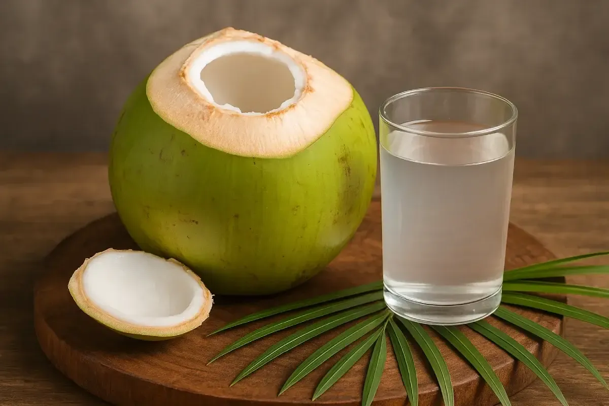 Manfaat air kelapa untuk kesehatan , termasuk hidrasi, elektrolit, dan nutrisi penting.