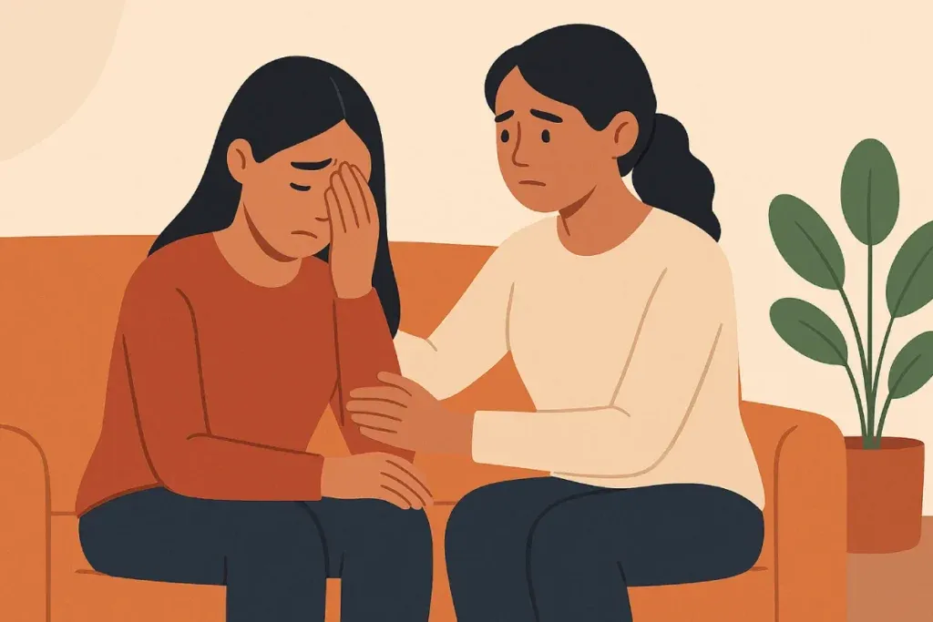 Seorang wanita menenangkan temannya yang tampak sedih, dengan sentuhan tangan penuh kehangatan dan perhatian.