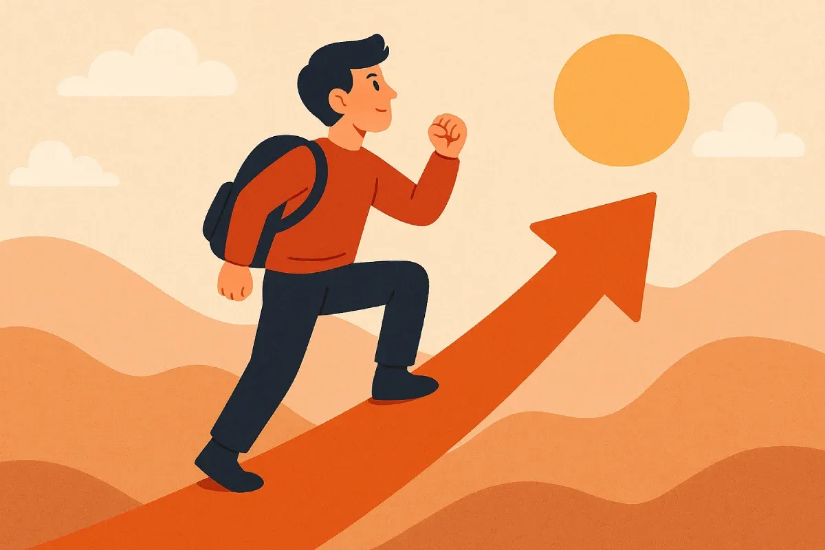 Seorang pria berjuang untuk mencapai puncak gunung dengan semangat motivasi hidup .