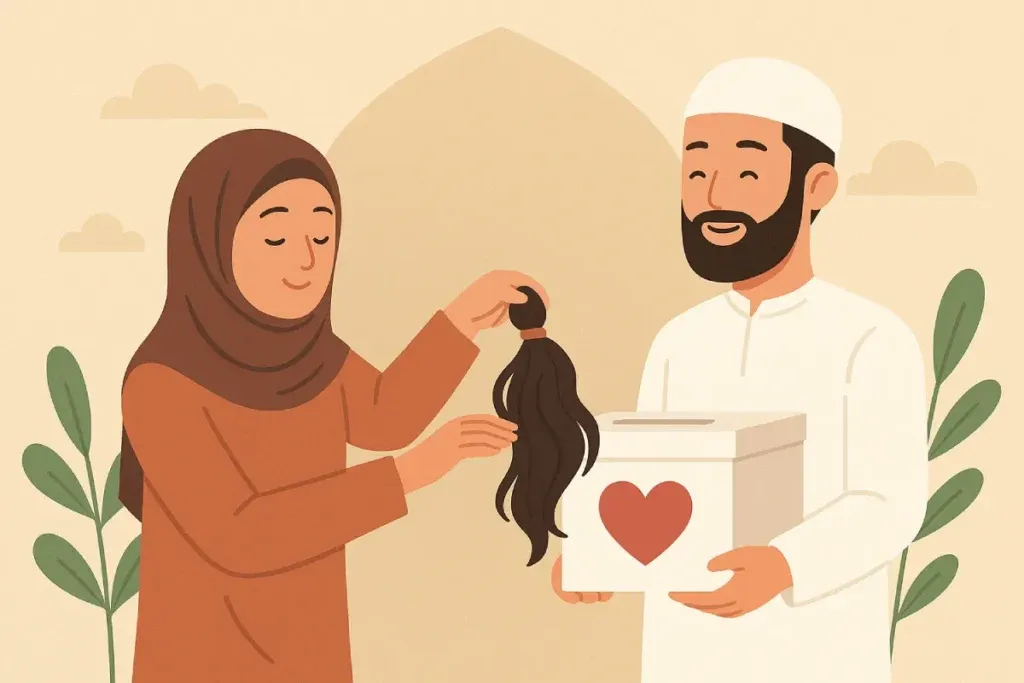 Seorang perempuan Muslim memotong rambutnya untuk disumbangkan menunjukkan bagaimana donasi rambut dalam Islam bisa menjadi tindakan penuh arti dan keikhlasan.