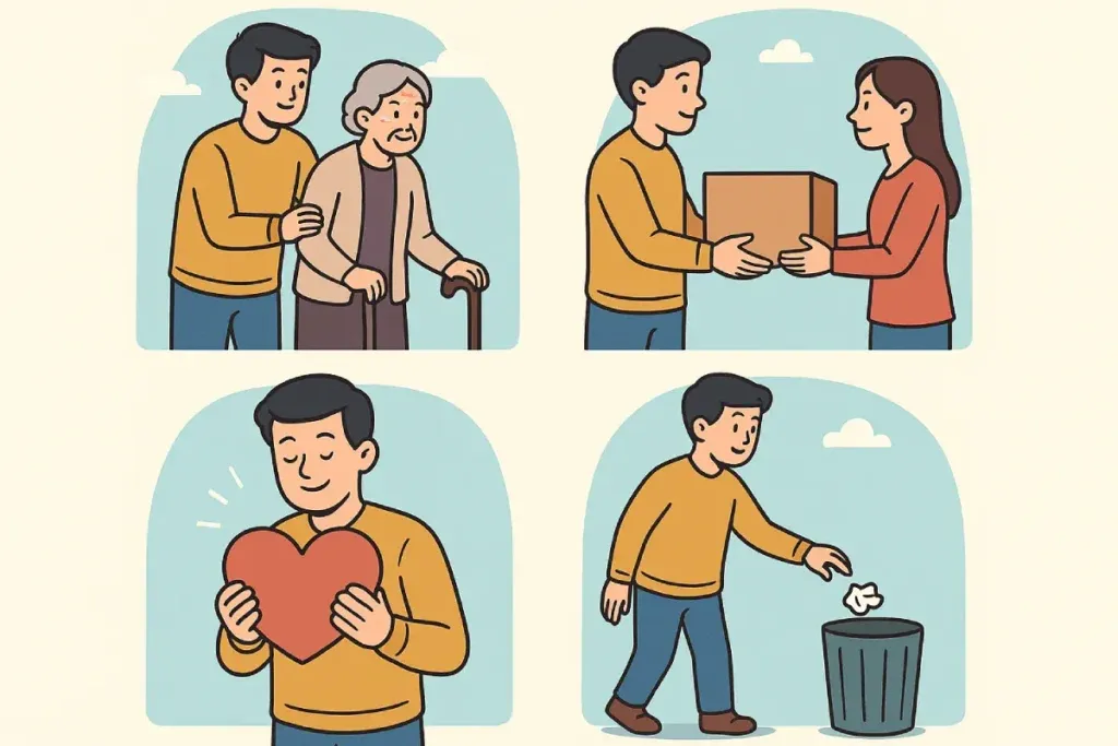 sikap baik setiap hari dengan orang-orang saling membantu, tersenyum, dan berbagi dalam berbagai situasi sehari-hari.