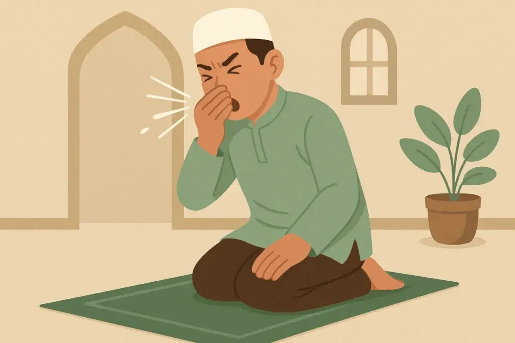 bolehkah bersin saat sholat dengan seseorang dalam posisi sholat, menggambarkan kondisi alami tubuh yang tak terhindarkan selama ibadah.