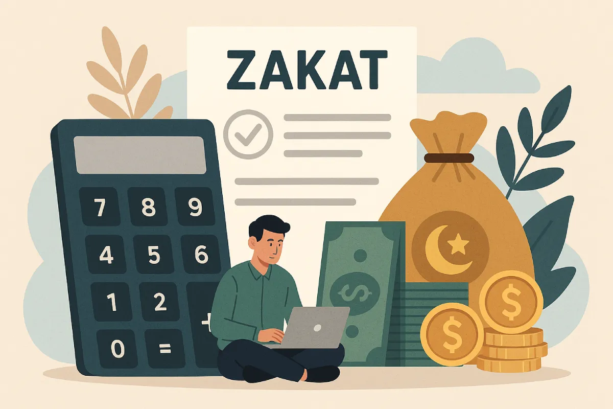 cara hitung zakat gaji dengan simbol kalkulator, uang, dan tangan yang memberi, menggambarkan proses ibadah keuangan yang teratur dan penuh kesadaran.