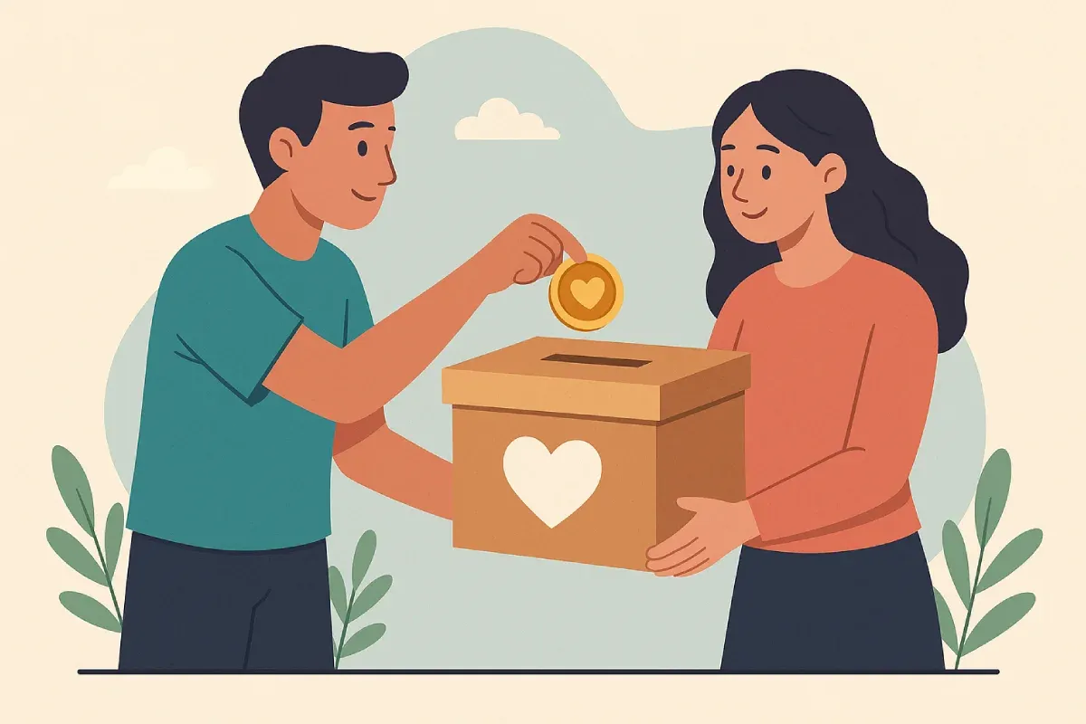 Ilustrasi konseptual Kebaikan Donasi melalui tangan yang memberi dan menerima dalam lingkaran empati yang menyatukan berbagai lapisan masyarakat.