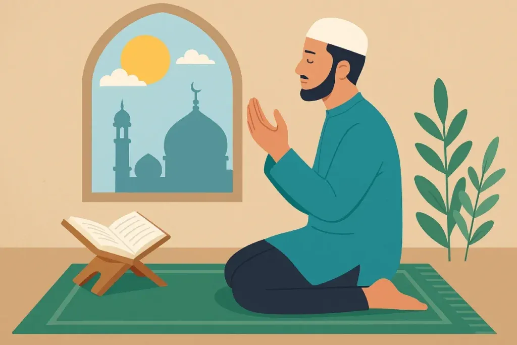 keutamaan hari Jumat dengan simbol masjid, Al-Qur’an, dan cahaya yang menggambarkan keberkahan dan spiritualitas di hari yang dimuliakan dalam Islam.