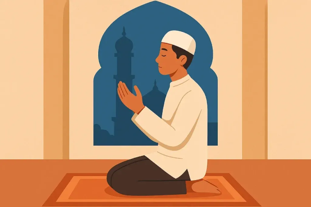 Seorang pria duduk di masjid sambil membaca Al Quran pada pagi hari Jumat menggambarkan salah satu amalan terbaik di hari Jumat yang penuh berkah
