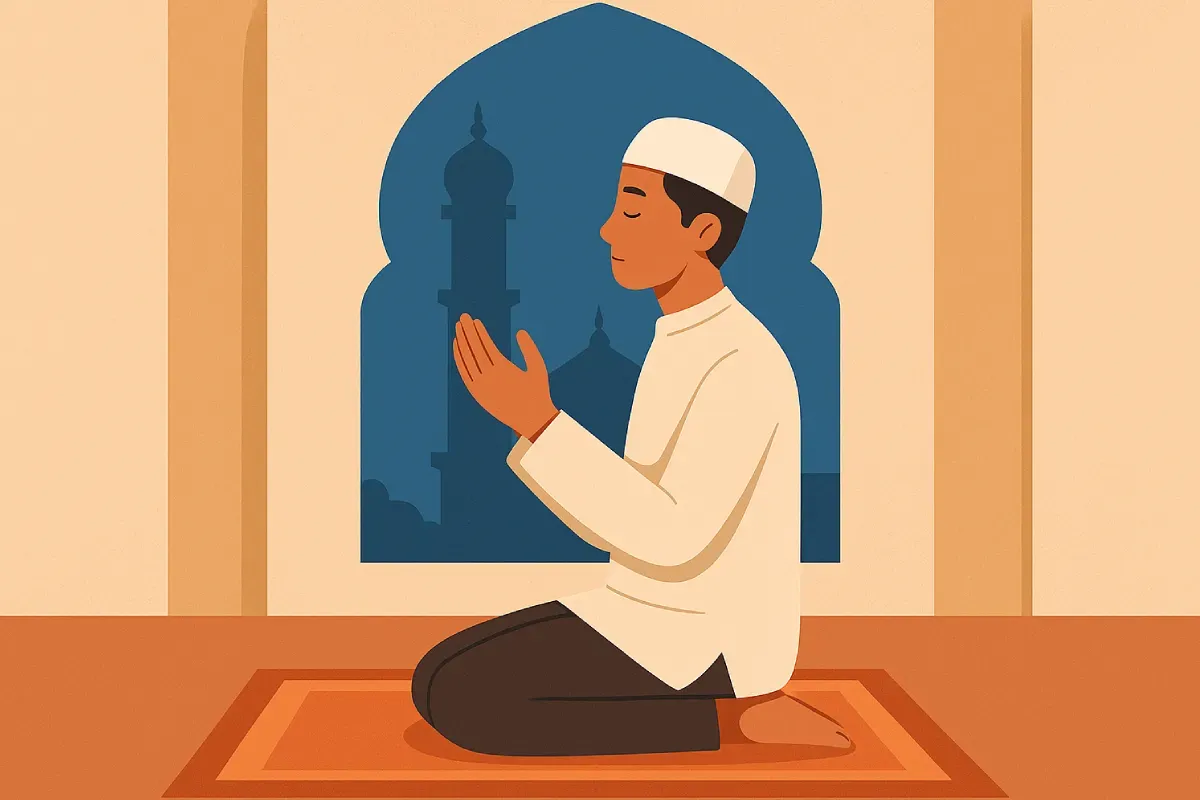 Seorang pria duduk di masjid sambil membaca Al Quran pada pagi hari Jumat menggambarkan salah satu amalan terbaik di hari Jumat yang penuh berkah
