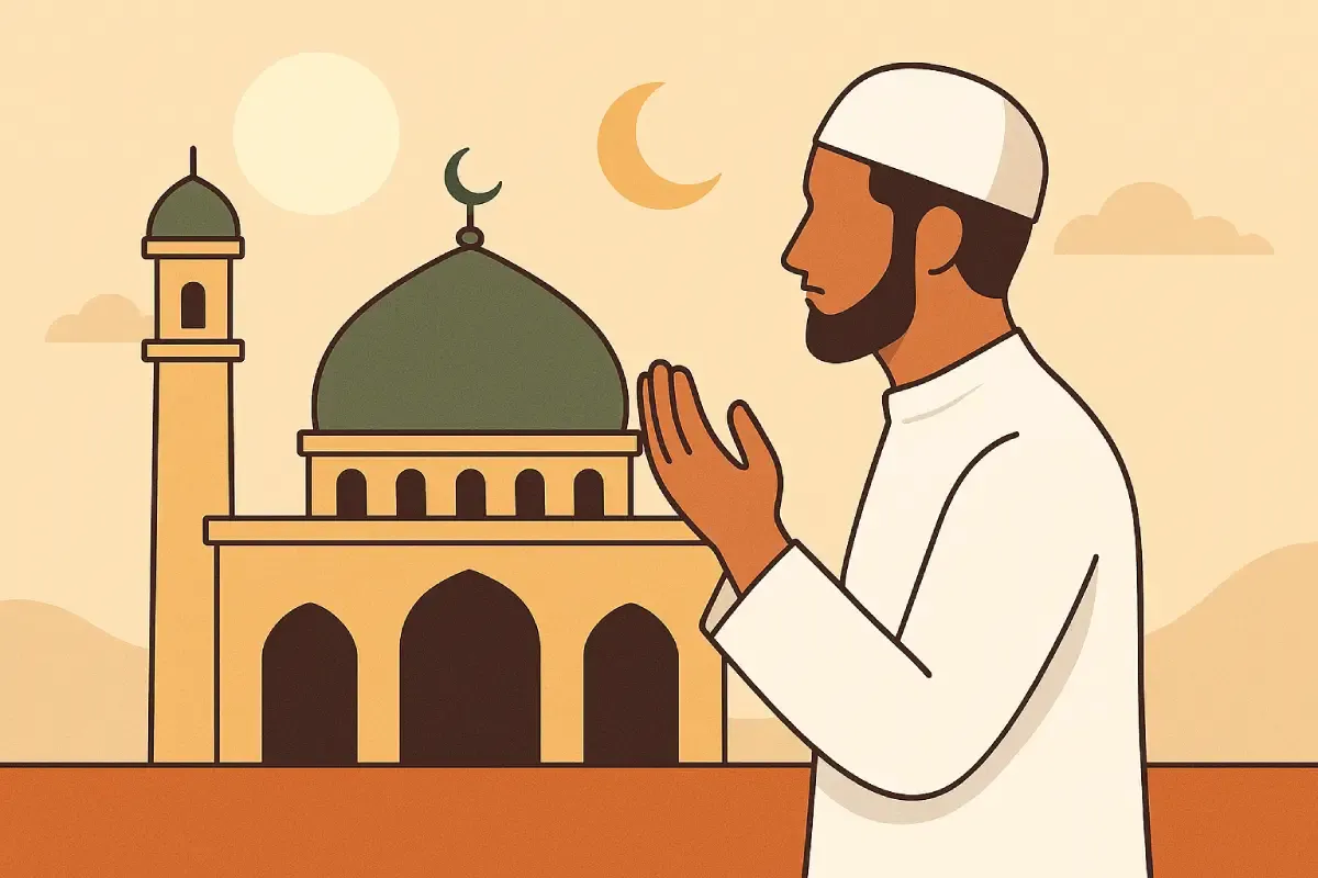 Seorang pria sedang berdoa dengan tangan terangkat di depan masjid, menggambarkan kekhusyukan dan makna spiritual dari hari Jumat dalam Islam.