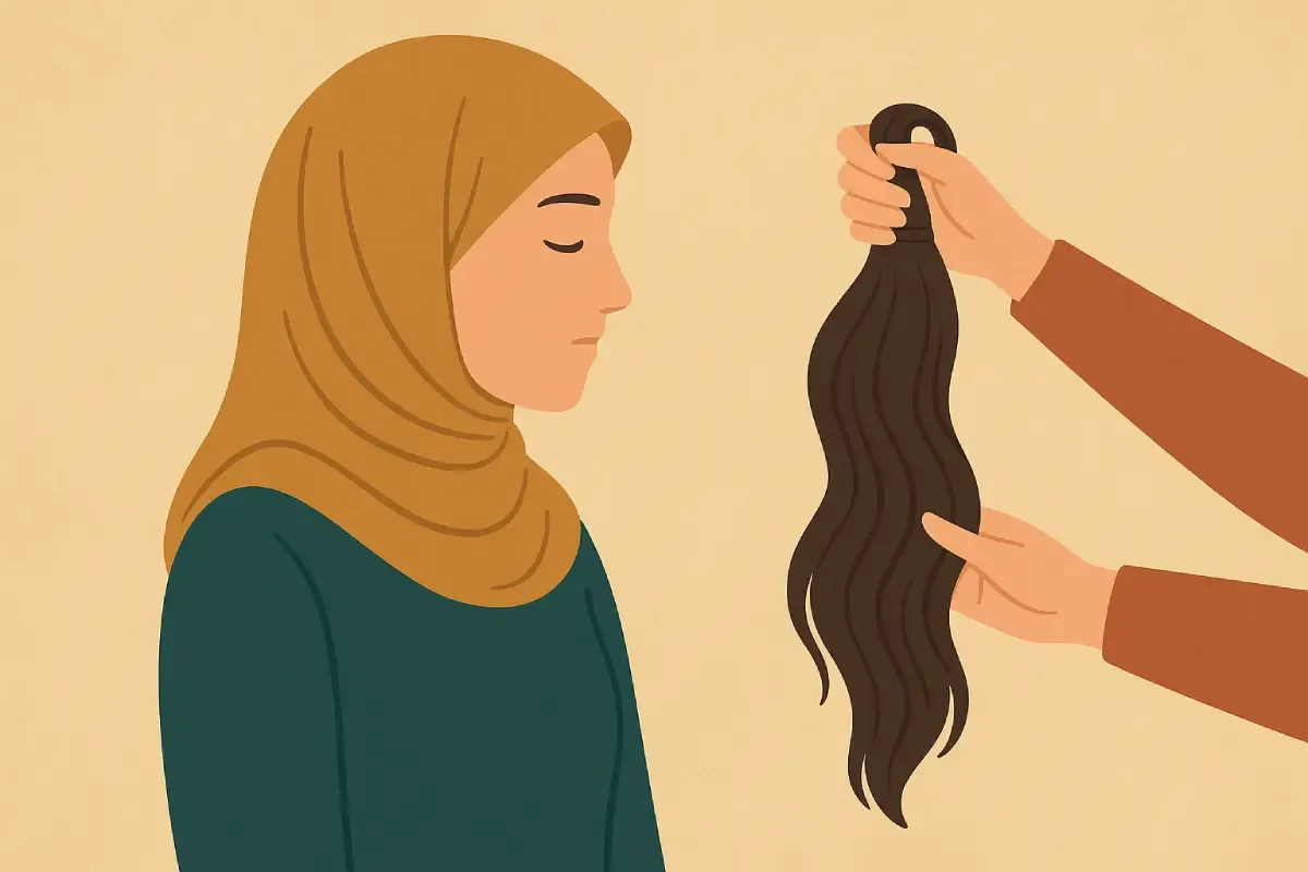 Seorang wanita memakai hijab sedang diperlihatkan ekstensi rambut oleh tangan lain, menggambarkan konteks hukum menyambung rambut dalam Islam.