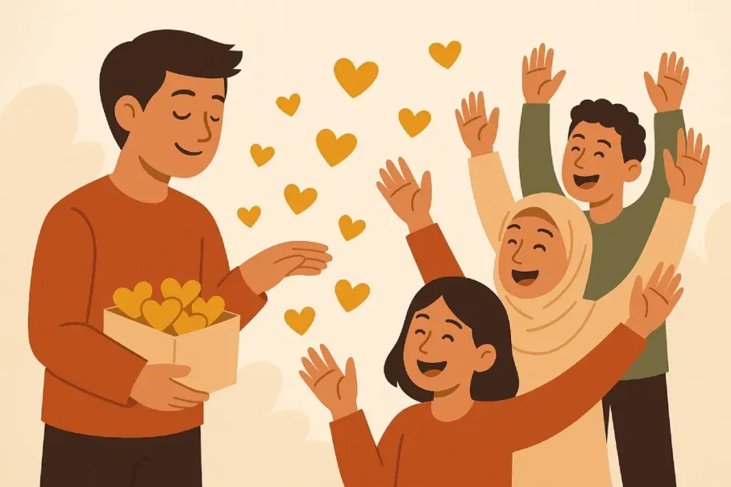 Seorang pria membagikan jantung emas dari keranjangnya kepada kelompok orang yang tersenyum dan merasa bahagia, menunjukkan cara menebar kebaikan melalui tindakan sederhana.