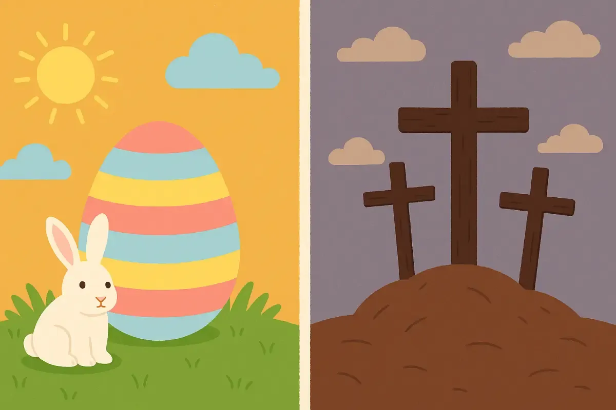 Ilustrasi perbandingan antara simbol Paskah (kelinci dan telur berwarna) dengan tiga salib di Gunung Kalvari, menggambarkan perbedaan Paskah dan Jumat Agung.