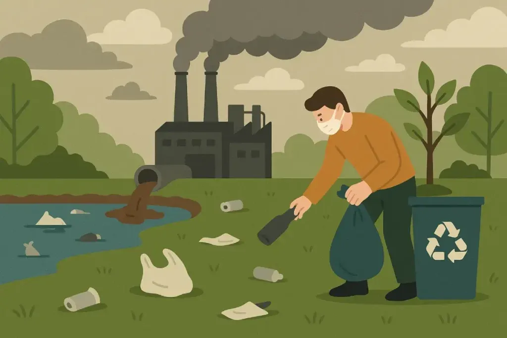 Seorang pria memungut sampah di area tercemar dengan latar belakang pabrik yang mengeluarkan asap, menggambarkan dampak pencemaran lingkungan.