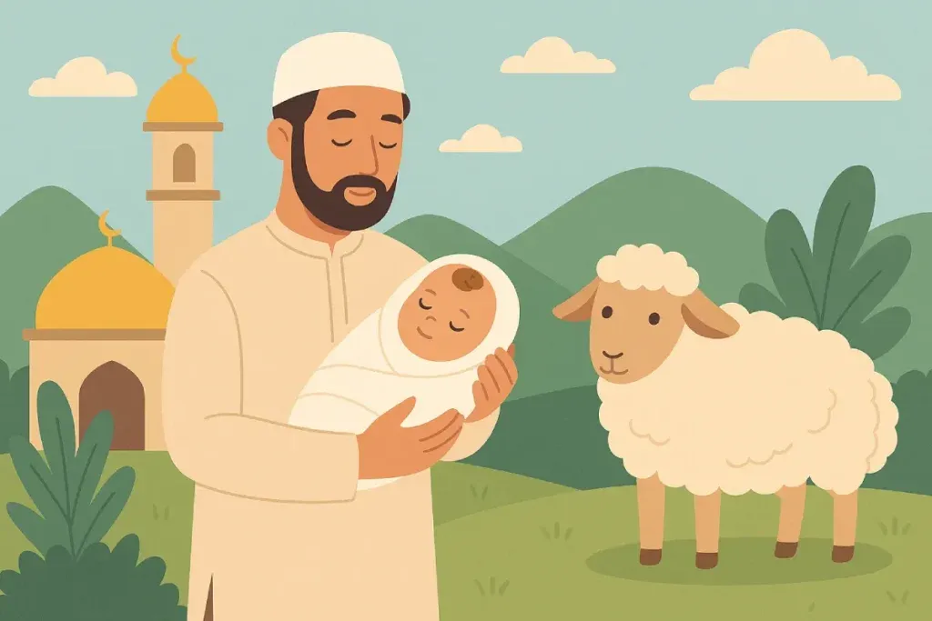 Ilustrasi keluarga muslim sedang mempersiapkan hewan aqiqah sambil memegang bayi, menggambarkan pelaksanaan tata cara aqiqah dalam Islam secara syar’i.