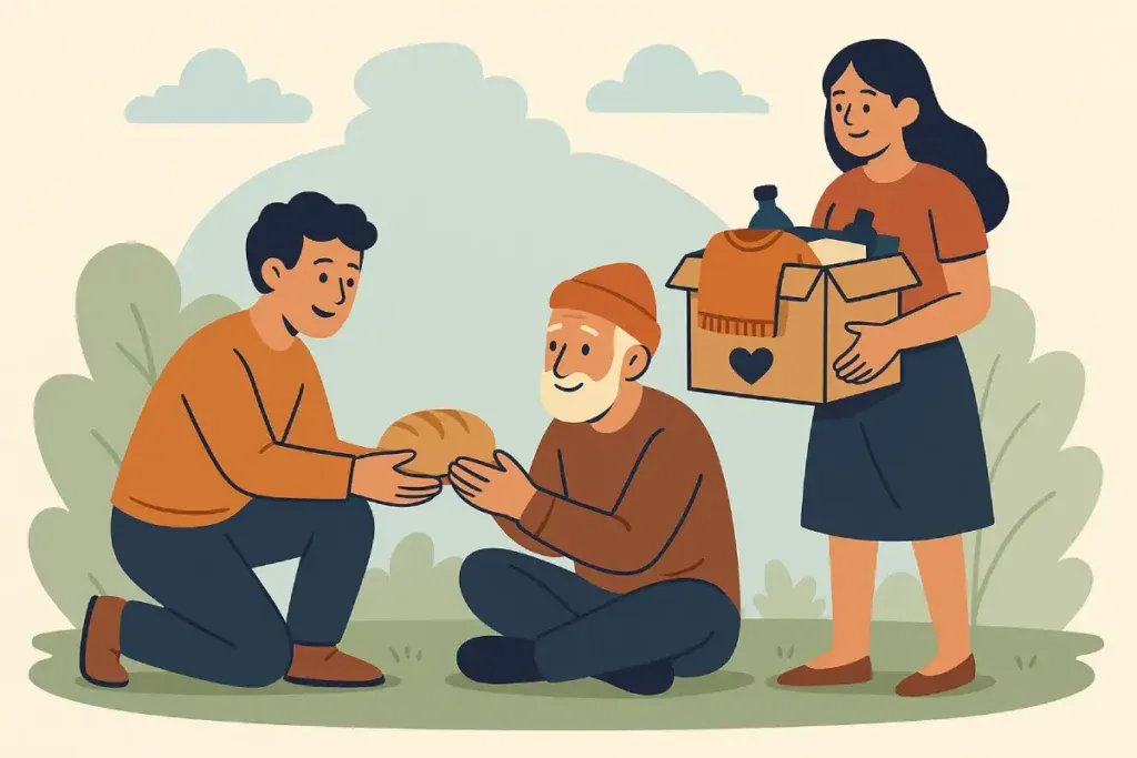 Ilustrasi aksi berbagi makanan dan kebutuhan pokok kepada lansia, menggambarkan praktik nyata dari tips berbagi dan peduli.