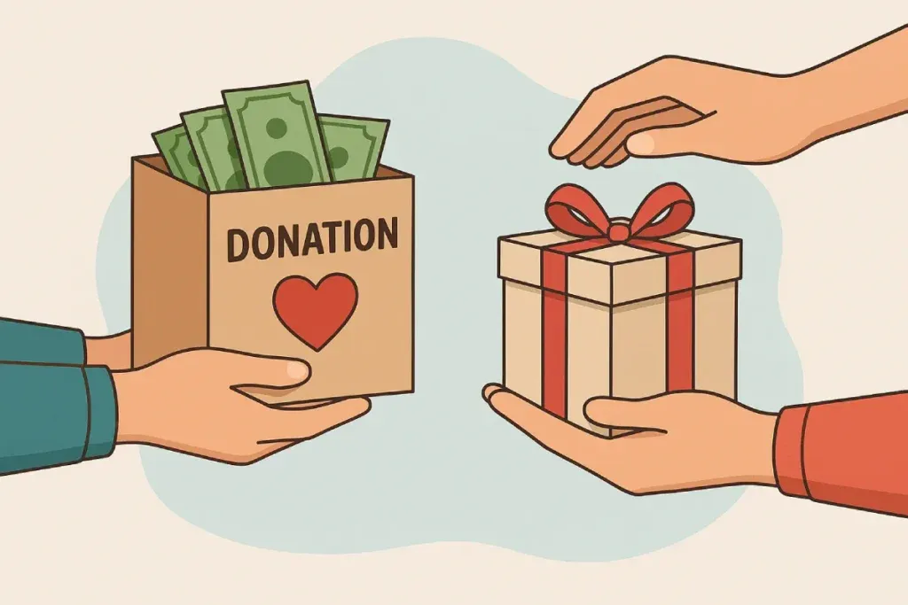 Seorang tangan memasukkan uang ke kotak donasi sementara tangan lain menyerahkan kado terbungkus rapi menggambarkan perbedaan antara donasi dengan hibah secara visual dan sederhana