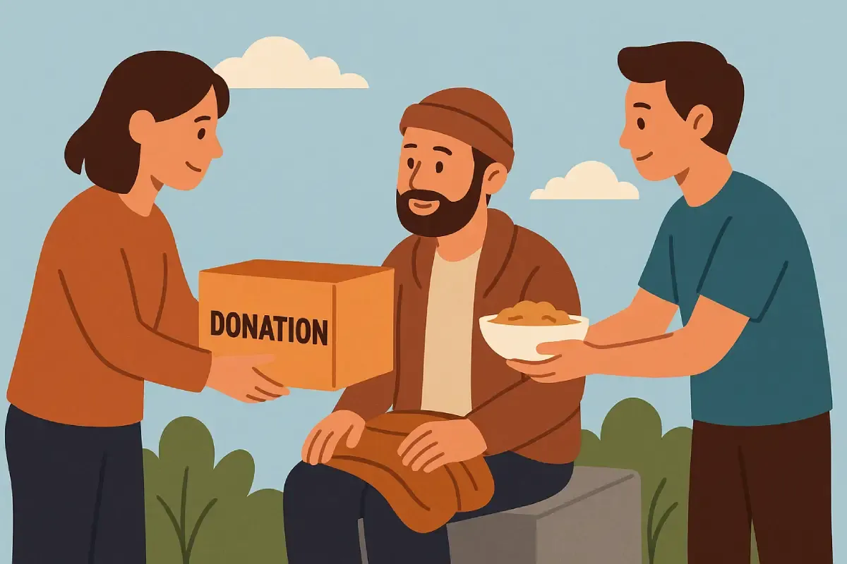 Seorang wanita memberikan kotak donasi kepada seorang lansia, sementara pria lainnya menyerahkan makanan, menggambarkan bentuk amal saleh dalam kehidupan sehari-hari.