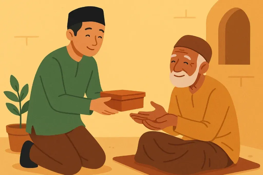 Seorang pria muda memberikan kotak berisi bantuan kepada seorang lansia duduk di lantai, menggambarkan aksi berbagi Jumat Berkah.