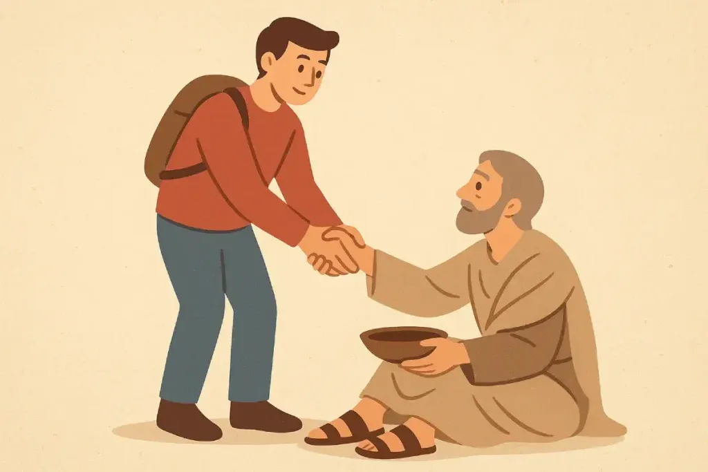 Seorang pria berdiri dan memberikan tangan untuk membantu seorang lansia yang duduk di tanah, mencerminkan aksi kebaikan menurut beberapa alkitab.