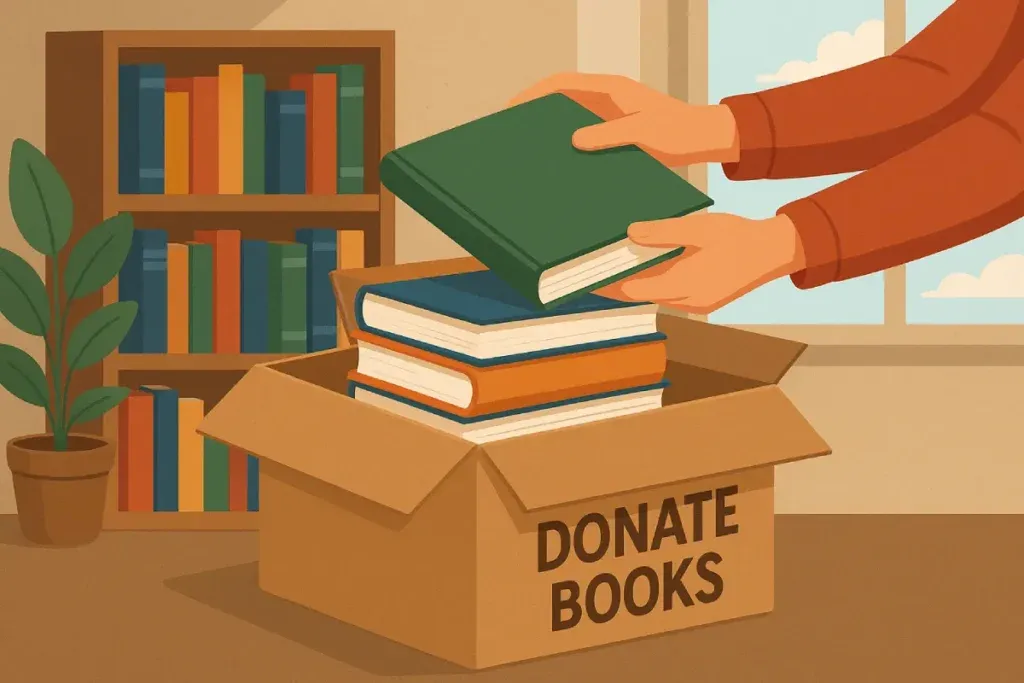 Seseorang sedang memasukkan buku-buku ke dalam kotak donasi, menggambarkan tindakan nyata dari cara donasi buku yang sederhana namun bermakna.
