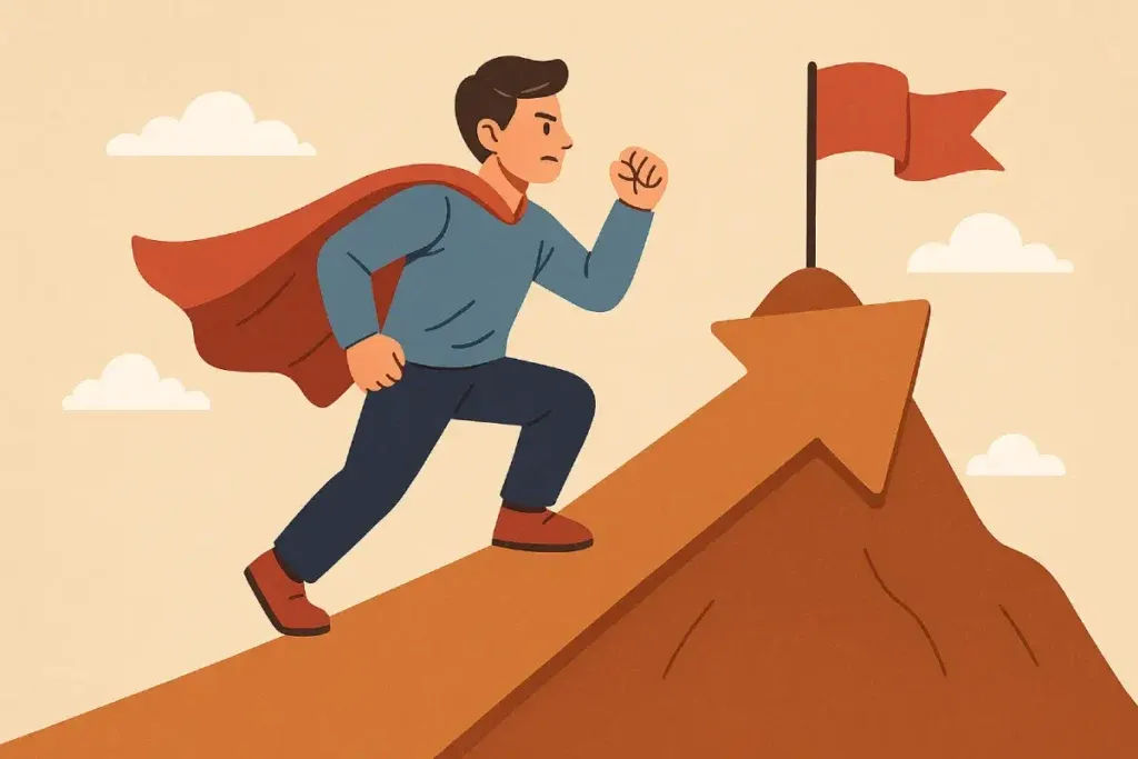 Ilustrasi seseorang berlari menuju puncak gunung dengan jubah merah, melambangkan cara menerapkan sikap pejuang dalam mengejar tujuan.