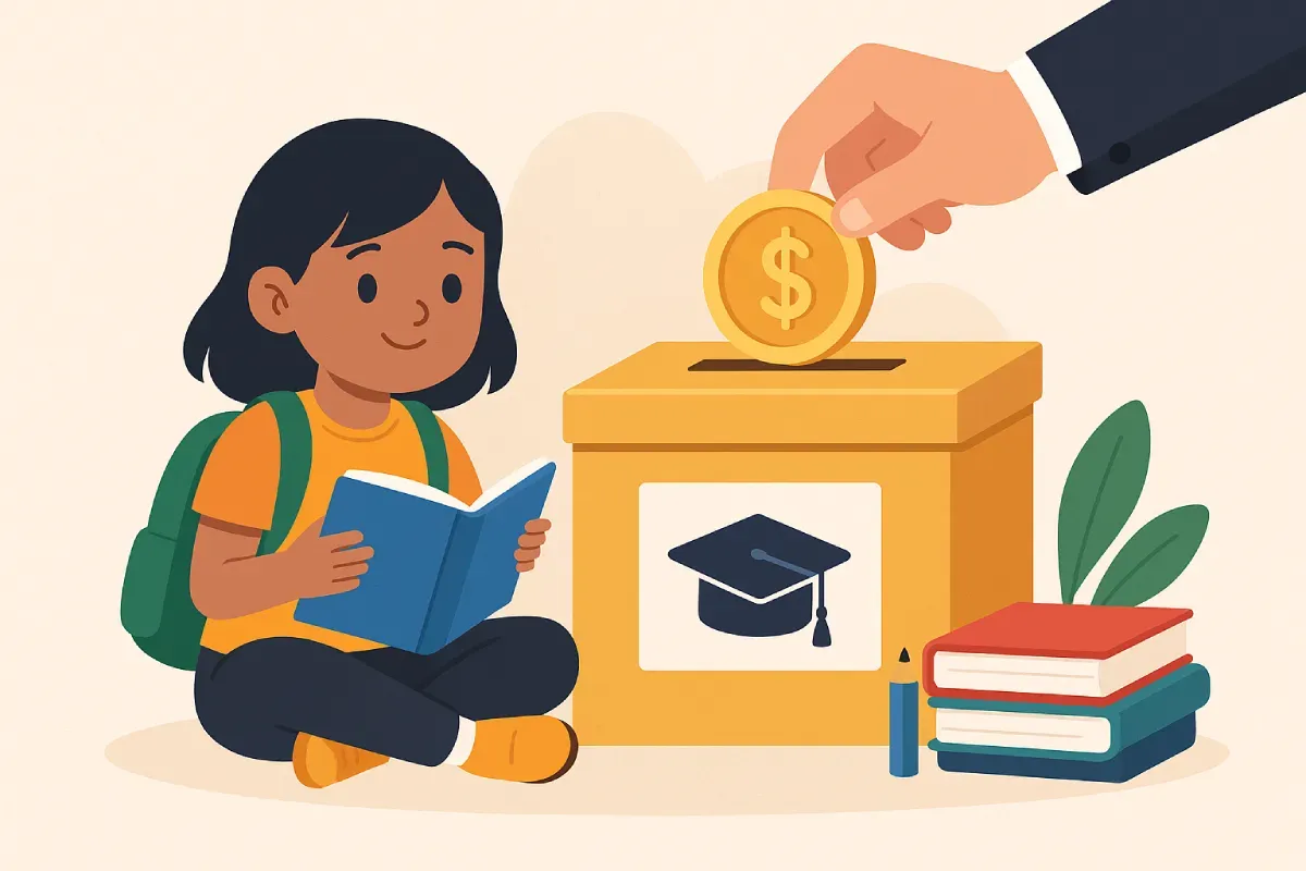 Seorang anak sedang membaca buku sambil seorang tangan memasukkan uang ke dalam kotak donasi bertuliskan 