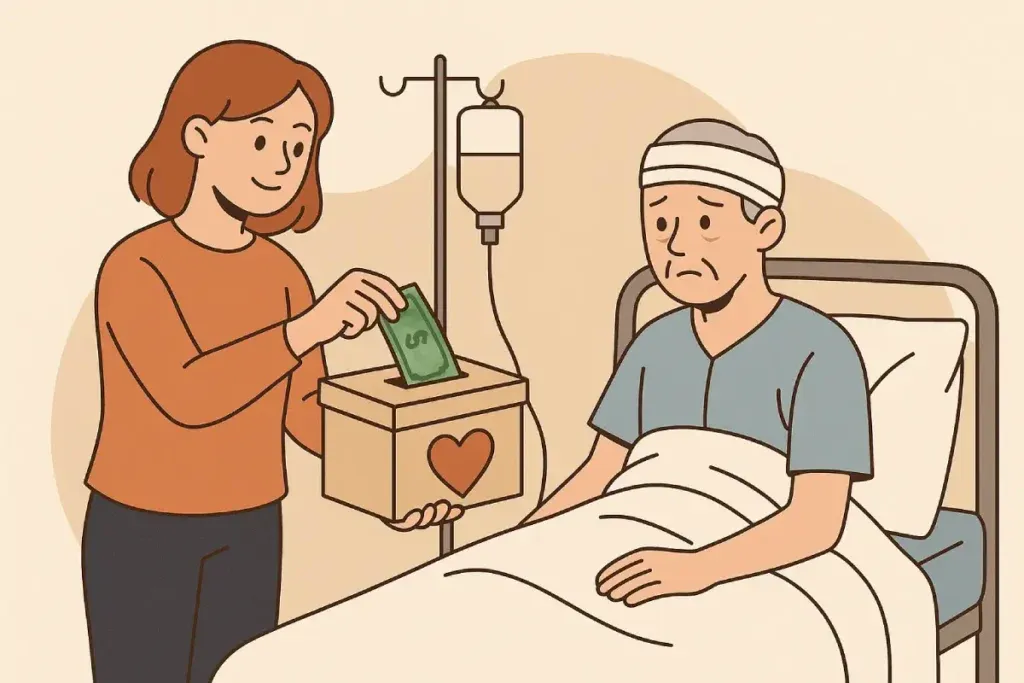 Seorang wanita memberikan donasi untuk orang sakit melalui kotak sumbangan di samping tempat tidur pasien.