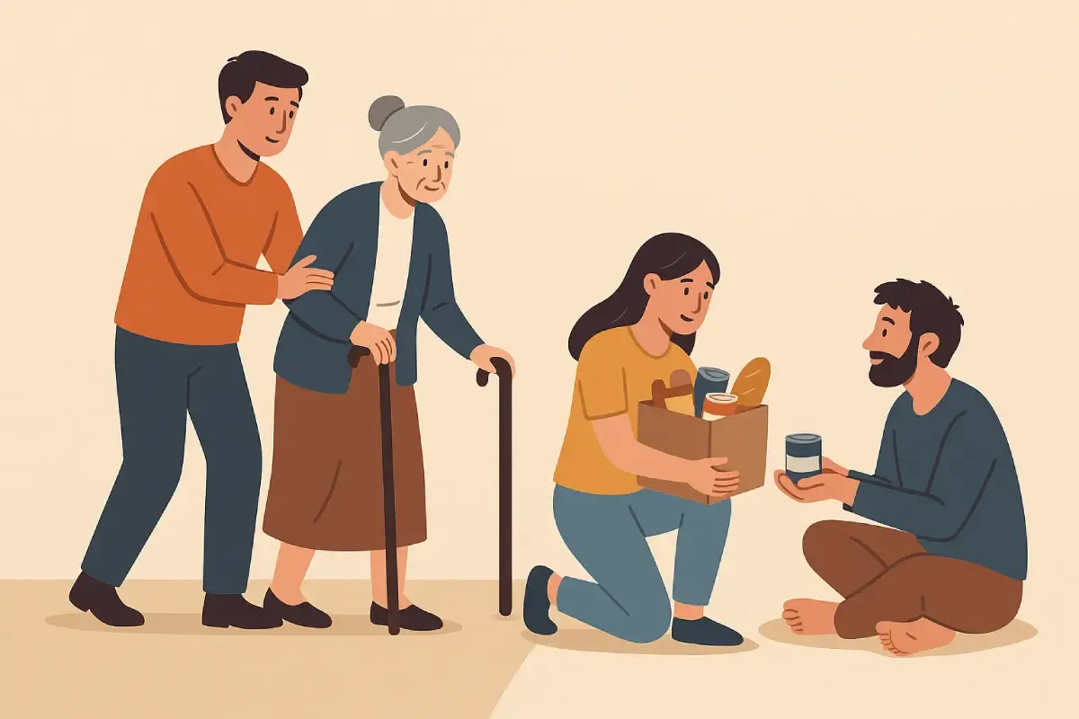Seorang pria membantu seorang lansia dengan tongkat sementara wanita lainnya memberikan tas bantuan kepada orang yang membutuhkan, menunjukkan aksi nyata dari kebajikan dan kebaikan dalam kehidupan sehari-hari.