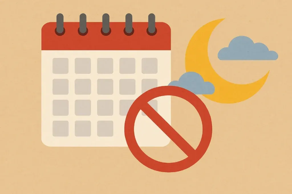 Sebuah kalender dengan tanda larangan merah di depannya, menunjukkan mitos tentang larangan bulan Safar yang tidak didasarkan pada ajaran Islam