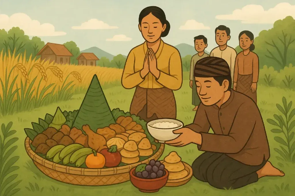 Seorang wanita berdoa di depan meja penuh hasil panen, sementara seorang pria menawarkan nasi sebagai bagian dari tradisi sedekah bumi, dihadiri oleh keluarga yang menyaksikan dengan hormat.