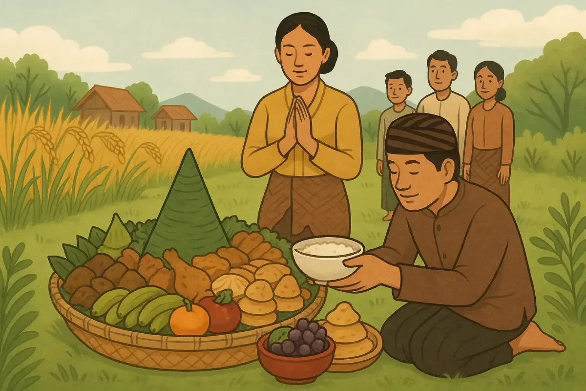 Seorang wanita berdoa di depan meja penuh hasil panen, sementara seorang pria menawarkan nasi sebagai bagian dari tradisi sedekah bumi, dihadiri oleh keluarga yang menyaksikan dengan hormat.