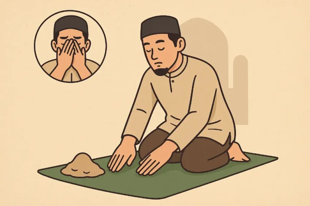 Ilustrasi seorang pria sedang melakukan tayamum dengan mengusap wajah dan tangan pada tanah, menunjukkan tata cara tayamum yang benar.