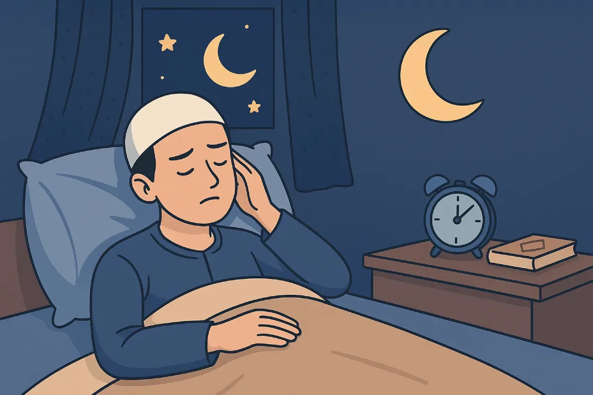 Seorang pria berbaring di tempat tidur, tampak sedang merasa lelah atau kesulitan tidur, dengan Alquran dan jam weker di sampingnya, menggambarkan pentingnya menerapkan Tips Agar Cepat Tidur dalam Islam.